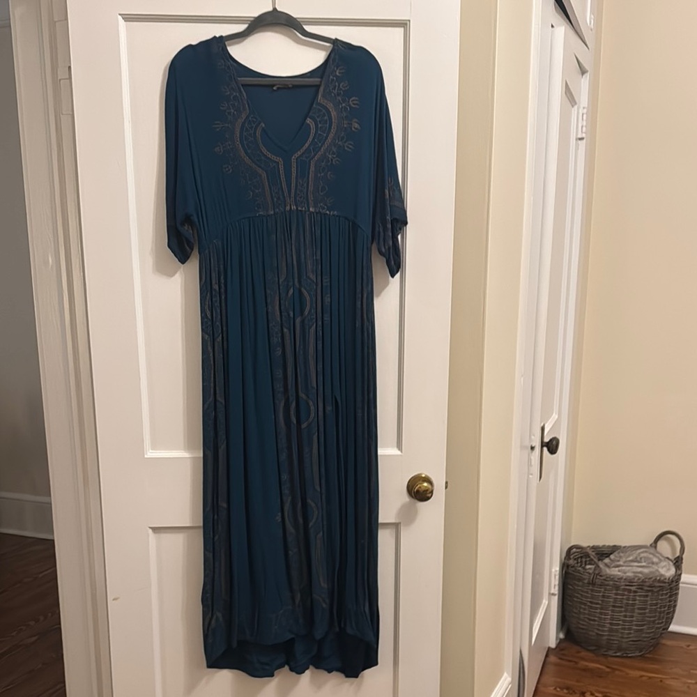 EARTHBOUND Blue Pleated Maxi Dress with Dolman Sleeves